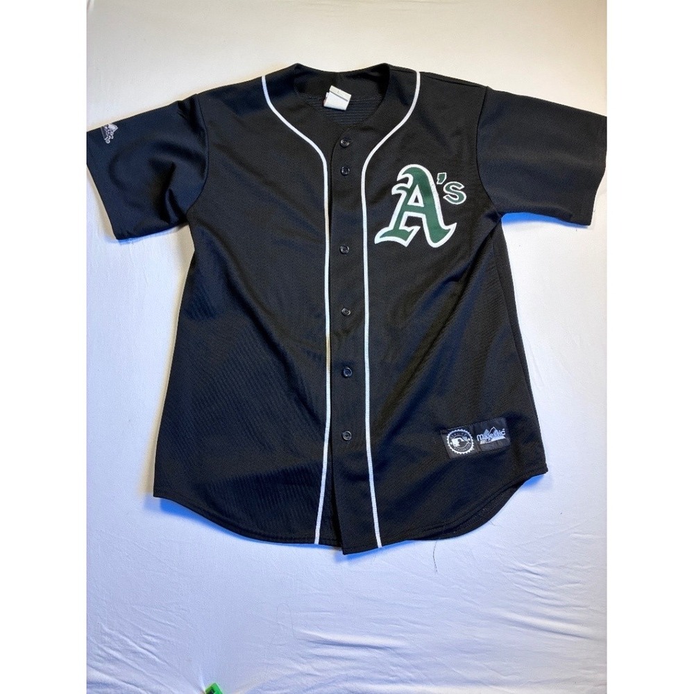 Majestic Oakland A's Giambi 16 Black Button Up Baseball Jersey Large